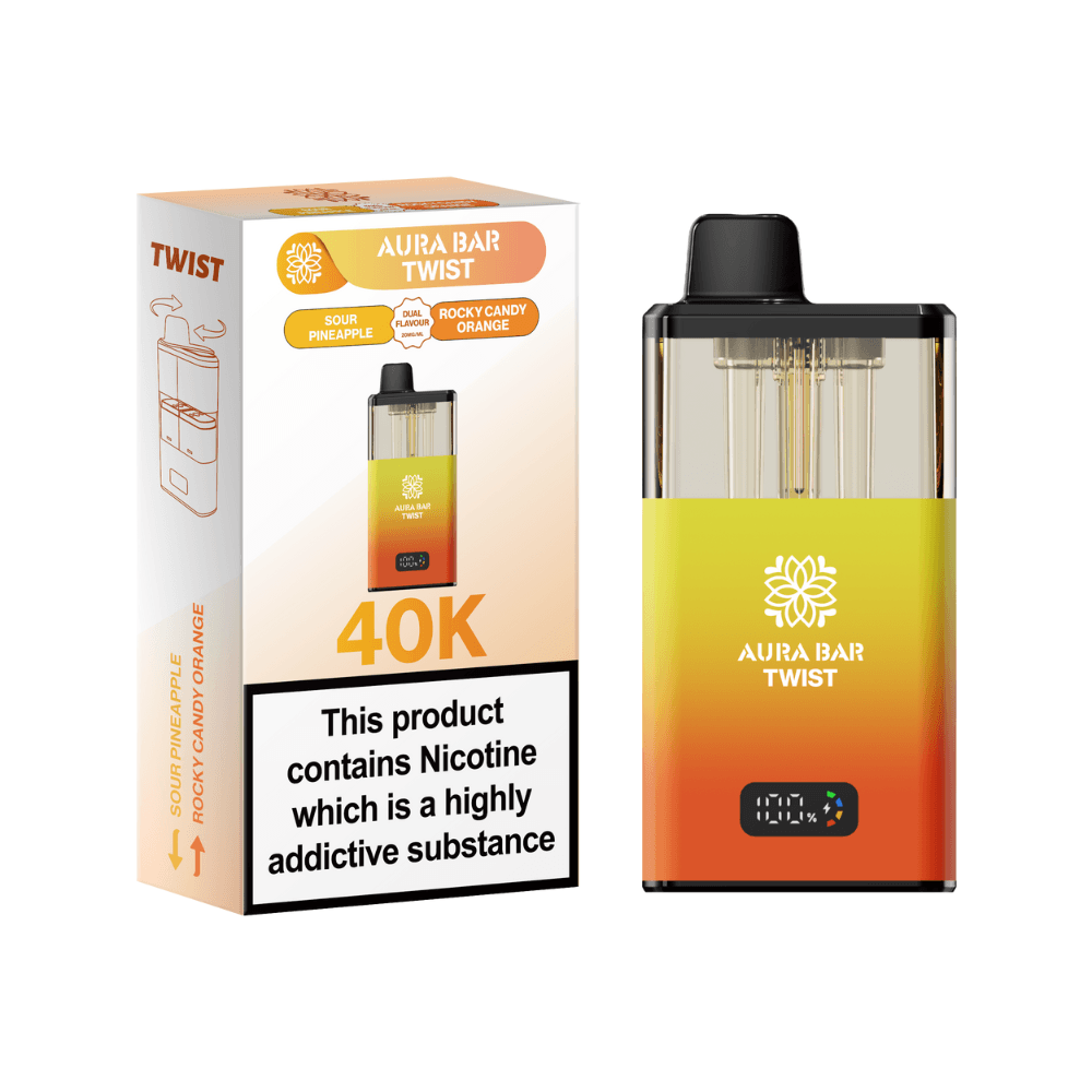  Sour Pineapple / Rocky Candy Orange Crystal Prime Aura Bar Twist 40k-Vape Kit Box of 5